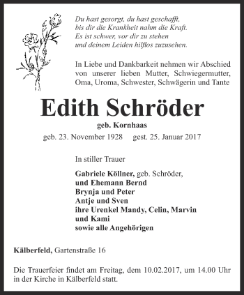 Traueranzeige von Edith Schröder von Ostthüringer Zeitung, Thüringische Landeszeitung