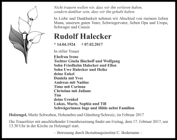 Traueranzeige von Rudolf Halecker von Thüringer Allgemeine