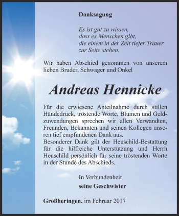 Traueranzeige von Andreas Hennicke von Thüringer Allgemeine, Thüringische Landeszeitung