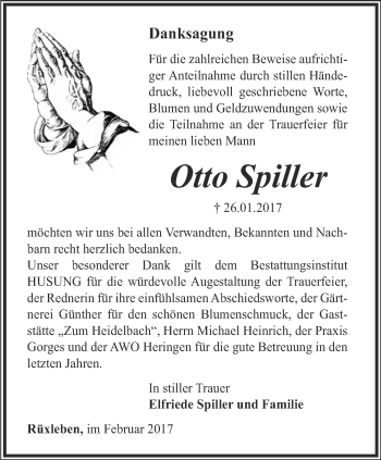 Traueranzeige von Otto Spiller von Thüringer Allgemeine