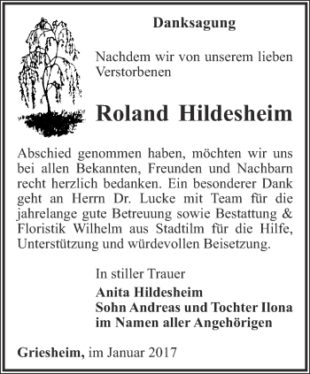 Traueranzeige von Roland Hildesheim von Thüringer Allgemeine