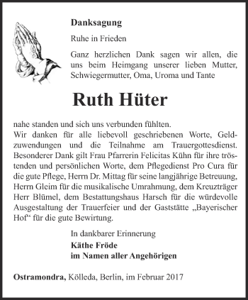 Traueranzeige von Ruth Hüter von Thüringer Allgemeine