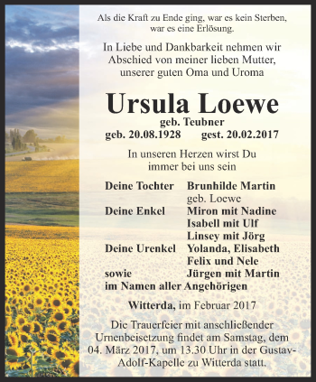 Traueranzeige von Ursula Loewe von Thüringer Allgemeine, Thüringische Landeszeitung