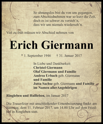 Traueranzeige von Erich Giermann von Thüringer Allgemeine, Thüringische Landeszeitung