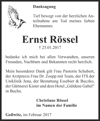 Traueranzeige von Ernst Rössel von Ostthüringer Zeitung