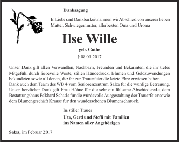 Traueranzeige von Ilse Wille von Thüringer Allgemeine