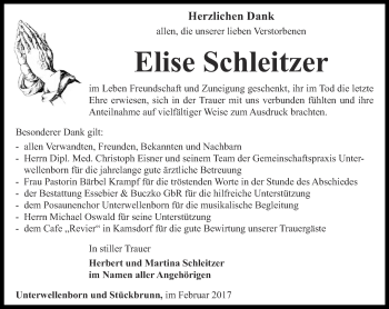 Traueranzeige von Elise Schleitzer von Ostthüringer Zeitung