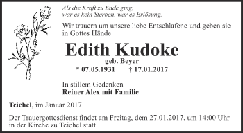 Traueranzeige von Edith Kudoke von Ostthüringer Zeitung, Thüringische Landeszeitung