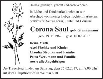 Traueranzeige von Corona Saul von Thüringer Allgemeine, Thüringische Landeszeitung