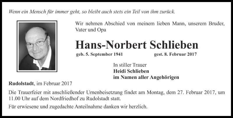 Traueranzeigen von Hans-Norbert Schlieben | trauer-in-thueringen.de