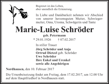 Traueranzeigen von MarieLuise Schröder trauerinthueringen.de