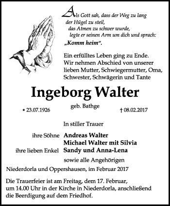 Traueranzeige von Ingeborg Walter von Thüringer Allgemeine, Thüringische Landeszeitung