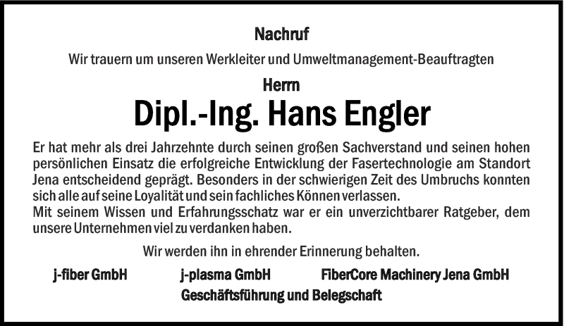  Traueranzeige für Hans Engler vom 11.02.2017 aus Ostthüringer Zeitung, Thüringische Landeszeitung