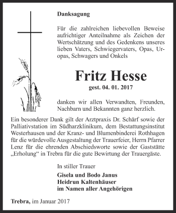 Traueranzeige von Fritze Hesse von Thüringer Allgemeine