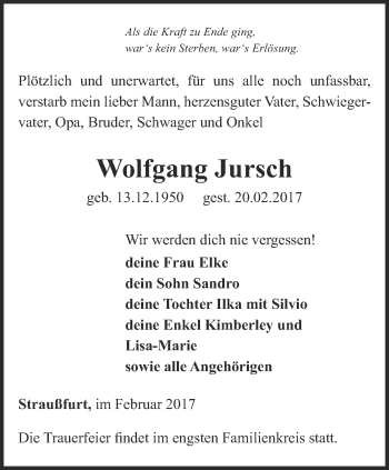 Traueranzeige von Wolfgang Jursch von Thüringer Allgemeine