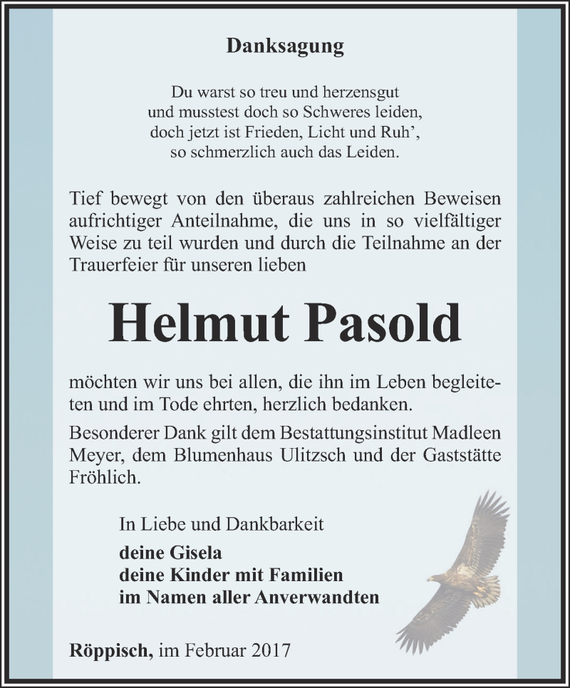  Traueranzeige für Helmut Pasold vom 08.02.2017 aus Ostthüringer Zeitung