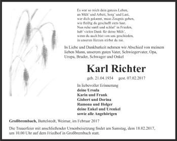 Traueranzeige von Karl Richter von Thüringer Allgemeine