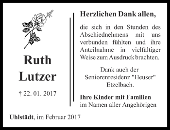 Traueranzeige von Ruth Lutzer von Ostthüringer Zeitung