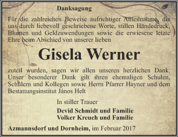 Traueranzeige von Gisela Werner von Thüringer Allgemeine, Thüringische Landeszeitung