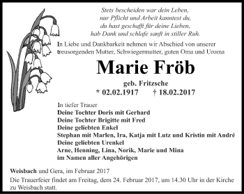 Traueranzeige von Marie Fröb von Ostthüringer Zeitung