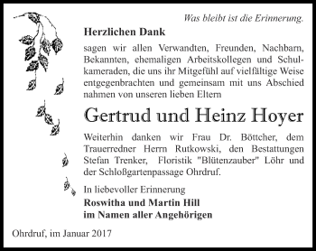 Traueranzeige von Gertrud/Heinz Hoyer von Ostthüringer Zeitung, Thüringische Landeszeitung