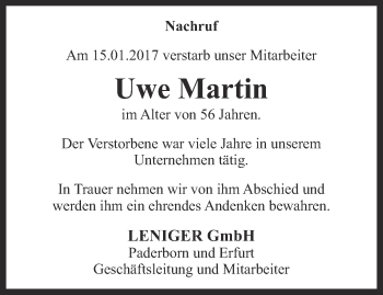 Traueranzeige von Uwe Martin von Thüringer Allgemeine, Thüringische Landeszeitung