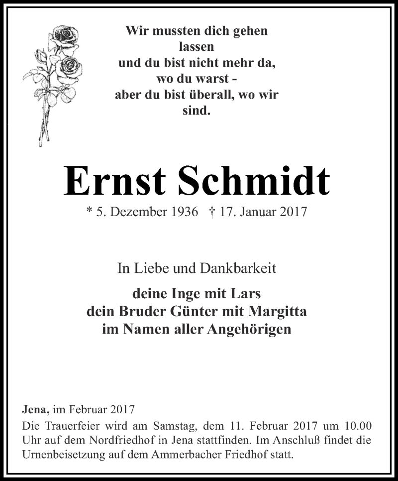  Traueranzeige für Ernst Schmidt vom 04.02.2017 aus Ostthüringer Zeitung, Thüringische Landeszeitung