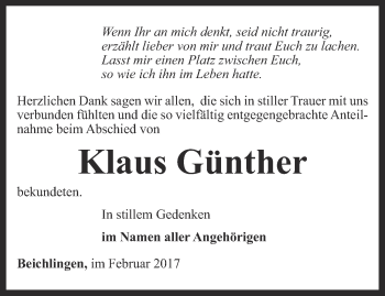 Traueranzeige von Klaus Günther von Thüringer Allgemeine