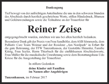 Traueranzeige von Reiner Zeise von Thüringer Allgemeine