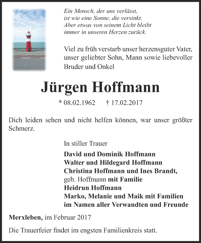 Traueranzeige für Jürgen Hoffmann vom 25.02.2017 aus Thüringer Allgemeine, Thüringische Landeszeitung
