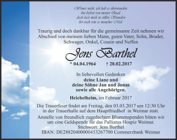 Traueranzeige von Jens Barthel von Thüringer Allgemeine, Thüringische Landeszeitung