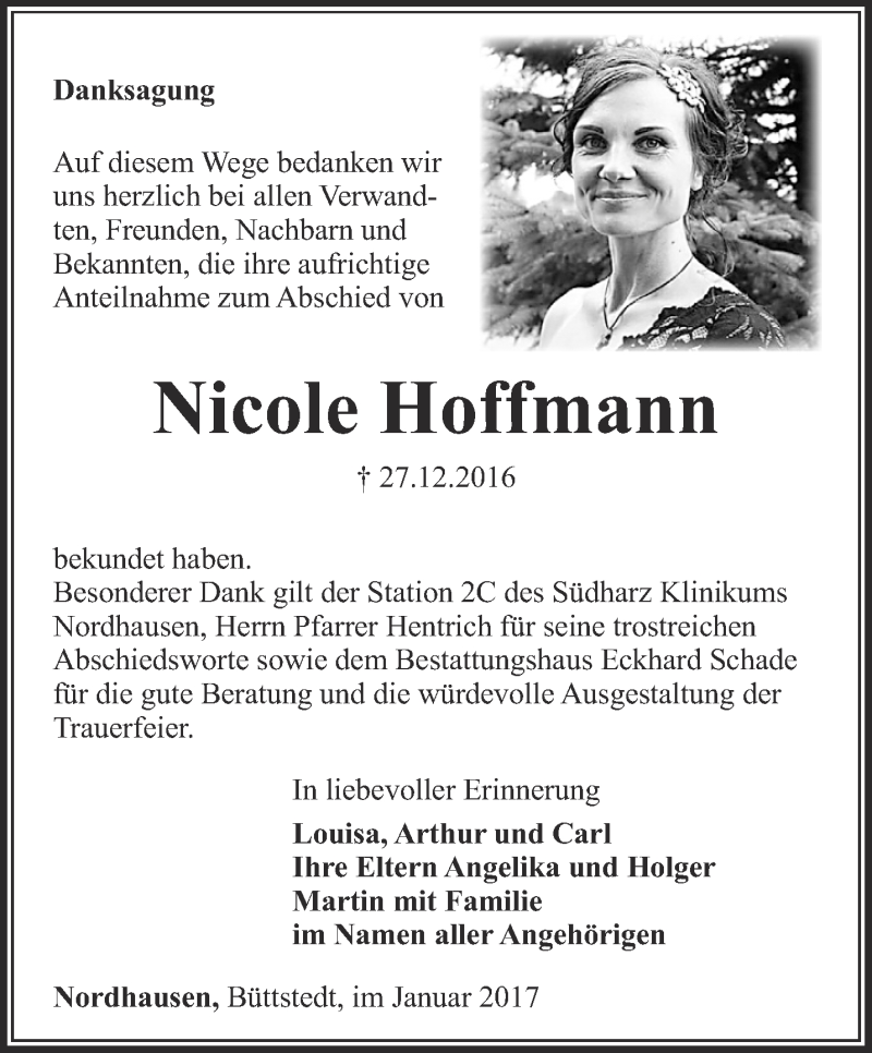  Traueranzeige für Nicole Hoffmann vom 21.01.2017 aus Thüringer Allgemeine