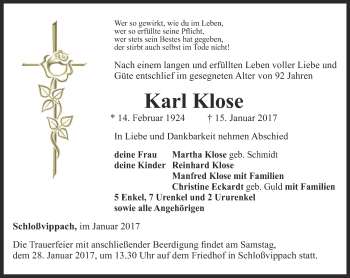 Traueranzeige von Karl Klose von Thüringer Allgemeine