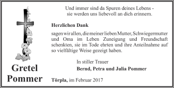 Traueranzeige von Gretel Pommer von Ostthüringer Zeitung