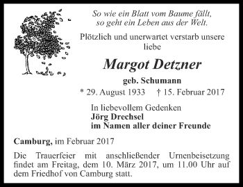 Traueranzeige von Margot Detzner von Ostthüringer Zeitung, Thüringische Landeszeitung