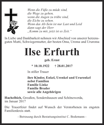 Traueranzeige von Ilse Erfurth von Thüringer Allgemeine