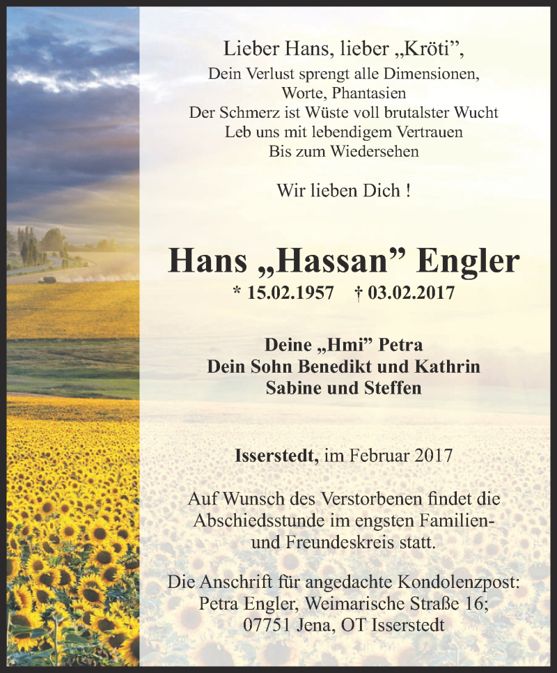  Traueranzeige für Hans Engler vom 11.02.2017 aus Ostthüringer Zeitung, Thüringische Landeszeitung