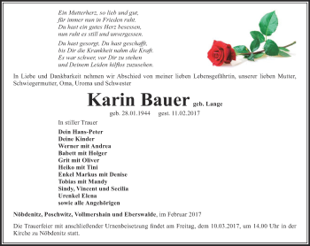 Traueranzeige von Karin Bauer Lange von Ostthüringer Zeitung