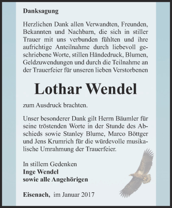 Traueranzeige von Lothar Wendel von Thüringer Allgemeine, Thüringische Landeszeitung