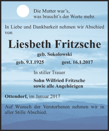 Traueranzeige von Liesbeth Fritzsche von Ostthüringer Zeitung