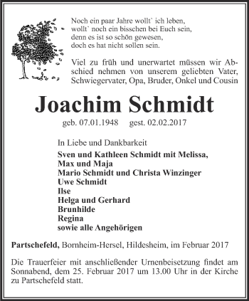 Traueranzeige von Joachim Schmidt  von Ostthüringer Zeitung