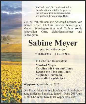 Traueranzeige von Sabine Meyer von Ostthüringer Zeitung, Thüringische Landeszeitung