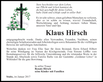 Traueranzeige von Klaus Hirsch von Ostthüringer Zeitung