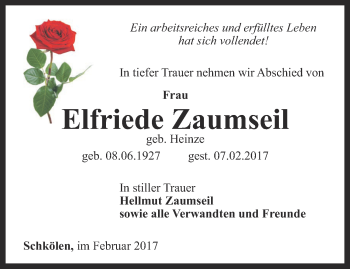 Traueranzeige von Elfriede Zaumseil von Ostthüringer Zeitung