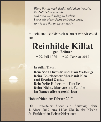 Traueranzeige von Reinhilde Killat von Thüringer Allgemeine, Thüringische Landeszeitung