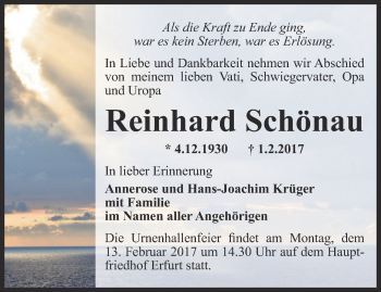 Traueranzeige von Reinhard Schönau von Thüringer Allgemeine, Thüringische Landeszeitung