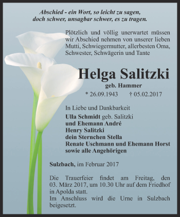 Traueranzeige von Helga Salitzki von Thüringer Allgemeine, Thüringische Landeszeitung