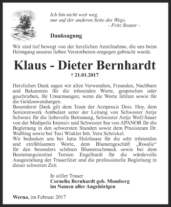 Traueranzeige von Klaus-Dieter Bernhardt von Thüringer Allgemeine