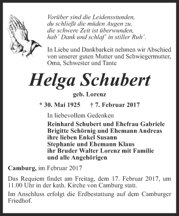 Traueranzeige von Helga Schubert von Ostthüringer Zeitung, Thüringische Landeszeitung