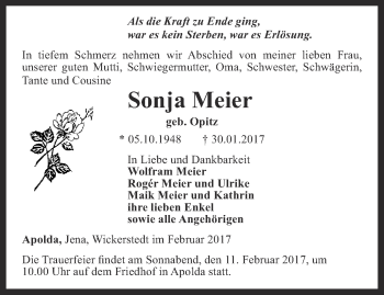 Traueranzeige von Sonja Meier von Thüringer Allgemeine, Thüringische Landeszeitung
